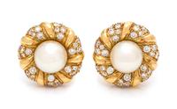 A Pair of 18 Karat Yellow Gold, Cultured Pearl and Diamond Earclips, Chanel, 10.50 dwts.