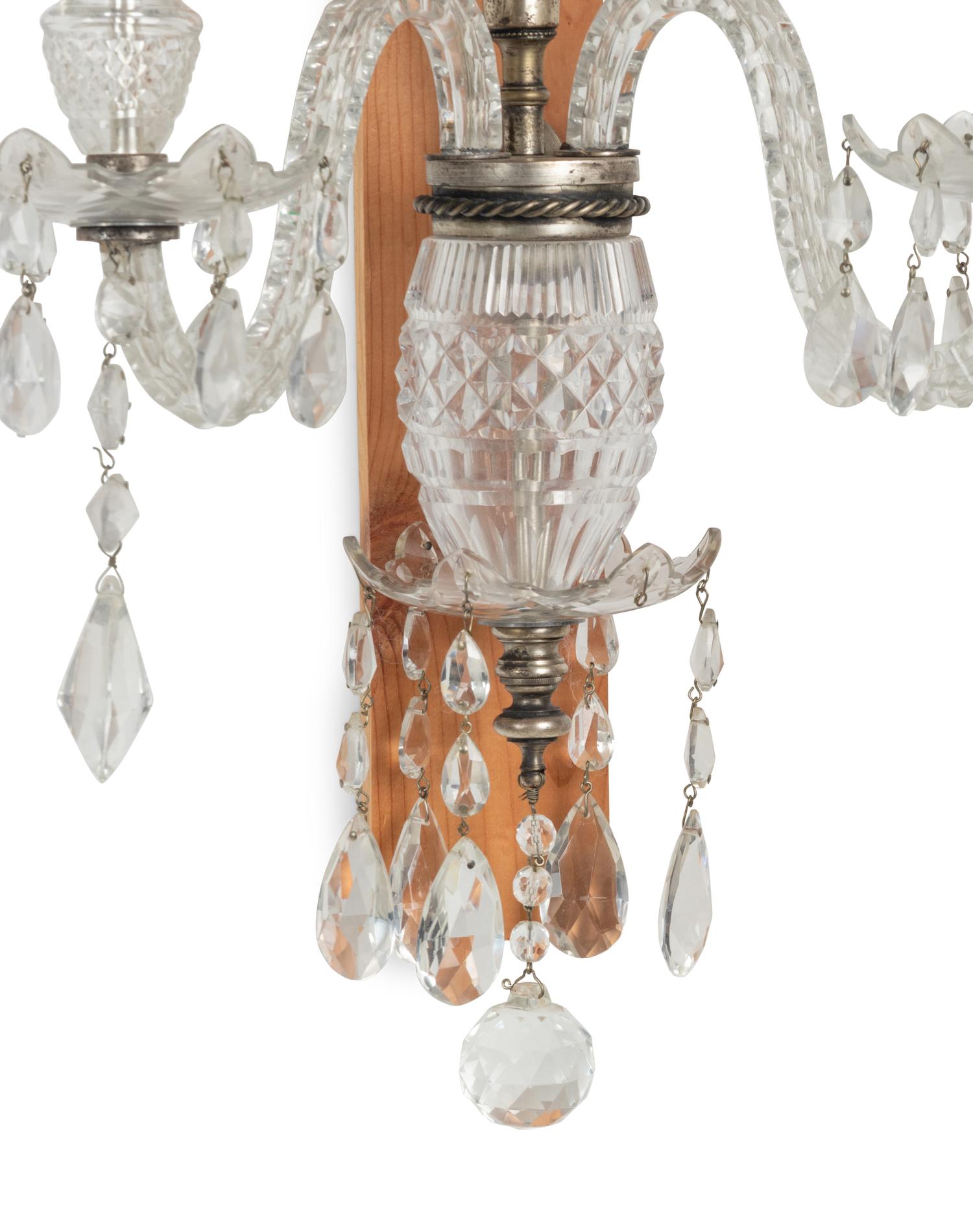A Pair of Georgian Style Cut Glass Two-Light Sconces
