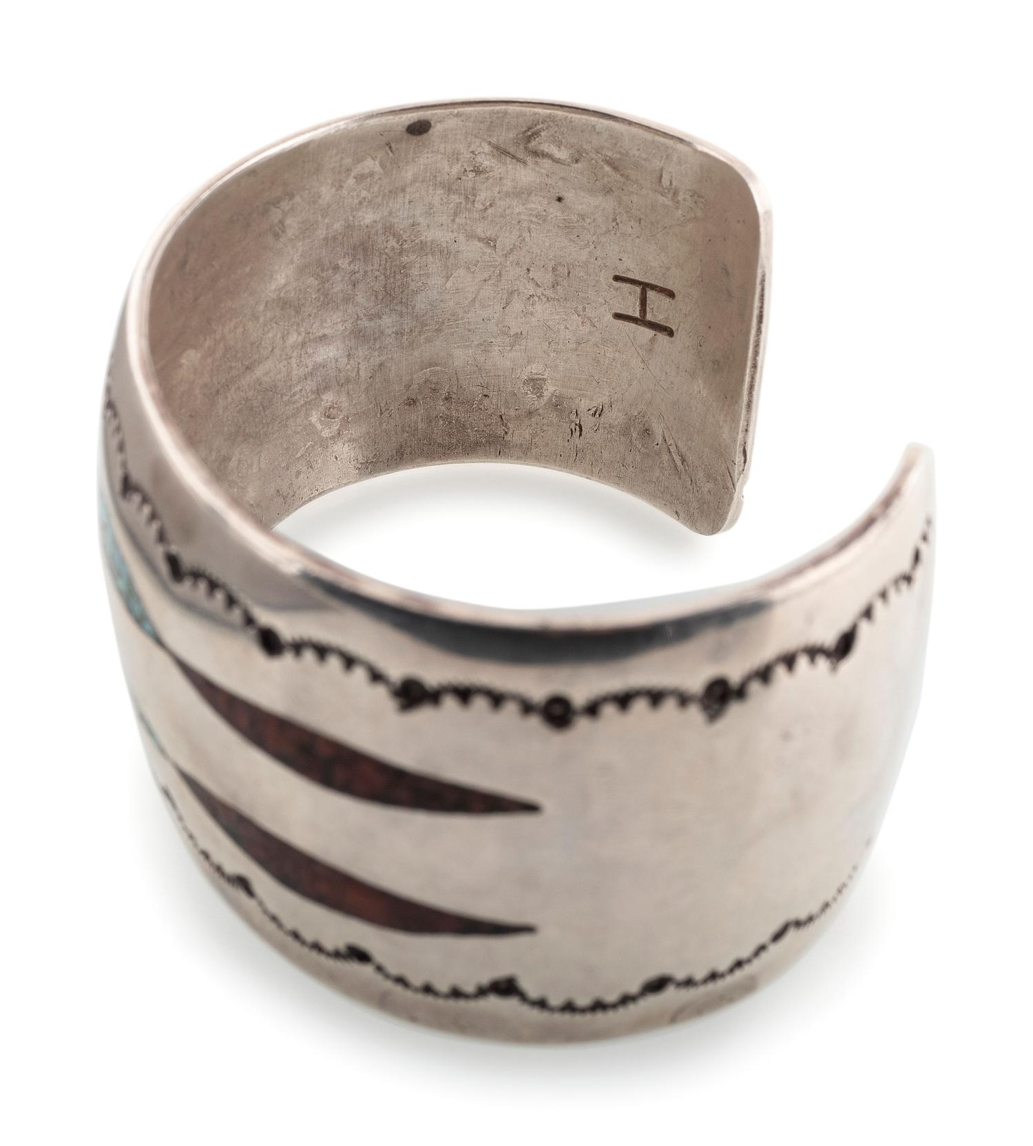Navajo Silver Cuff Bracelets with Turquoise and Coral Chip Inlay