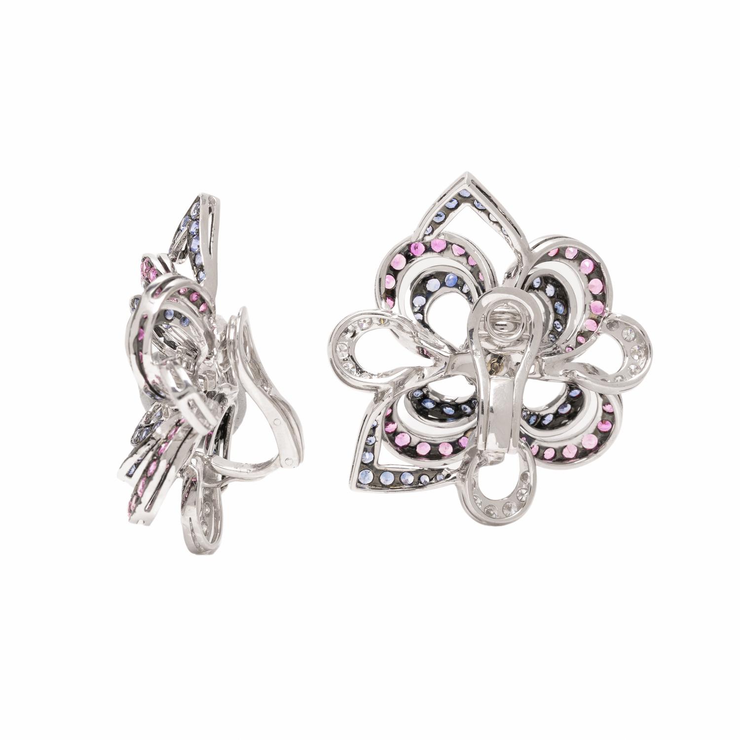 PINK SAPPHIRE, SAPPHIRE, AND DIAMOND FLOWER EARRINGS