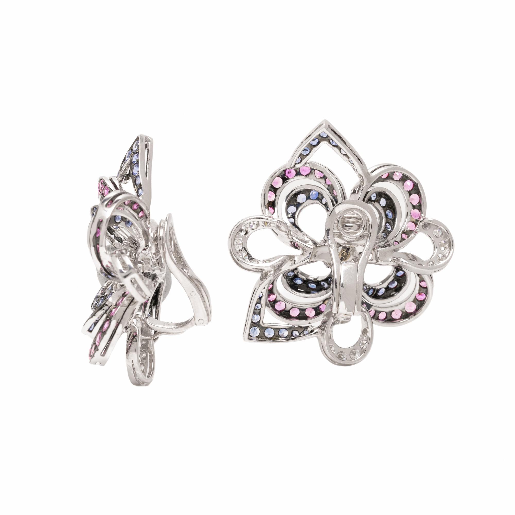PINK SAPPHIRE, SAPPHIRE, AND DIAMOND FLOWER EARRINGS
