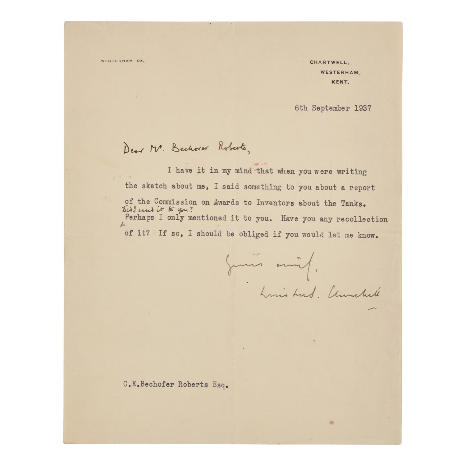 [Churchill, Winston S.] Churchill, Winston S. Typed Letter, signed