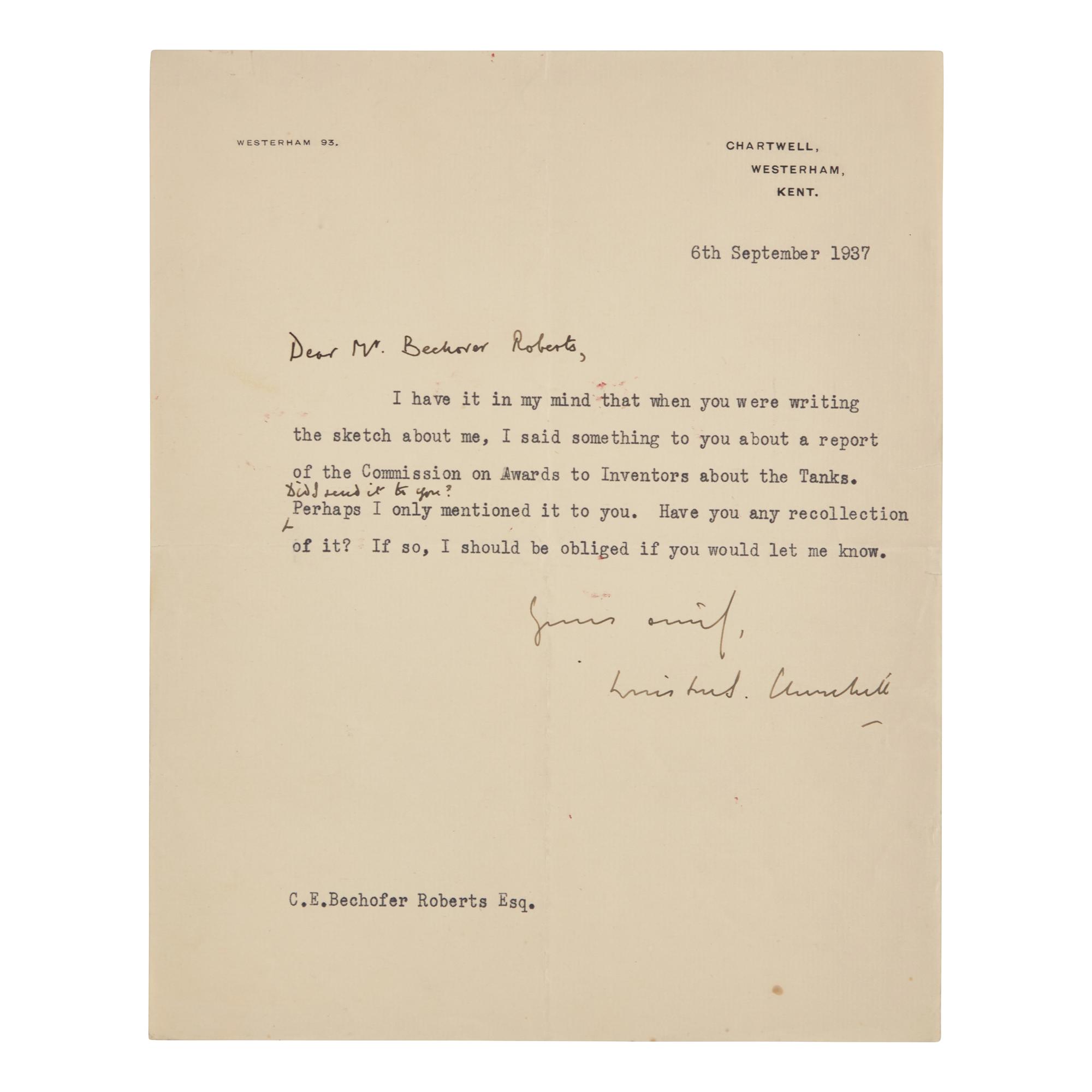 [Churchill, Winston S.] Churchill, Winston S. Typed Letter, signed