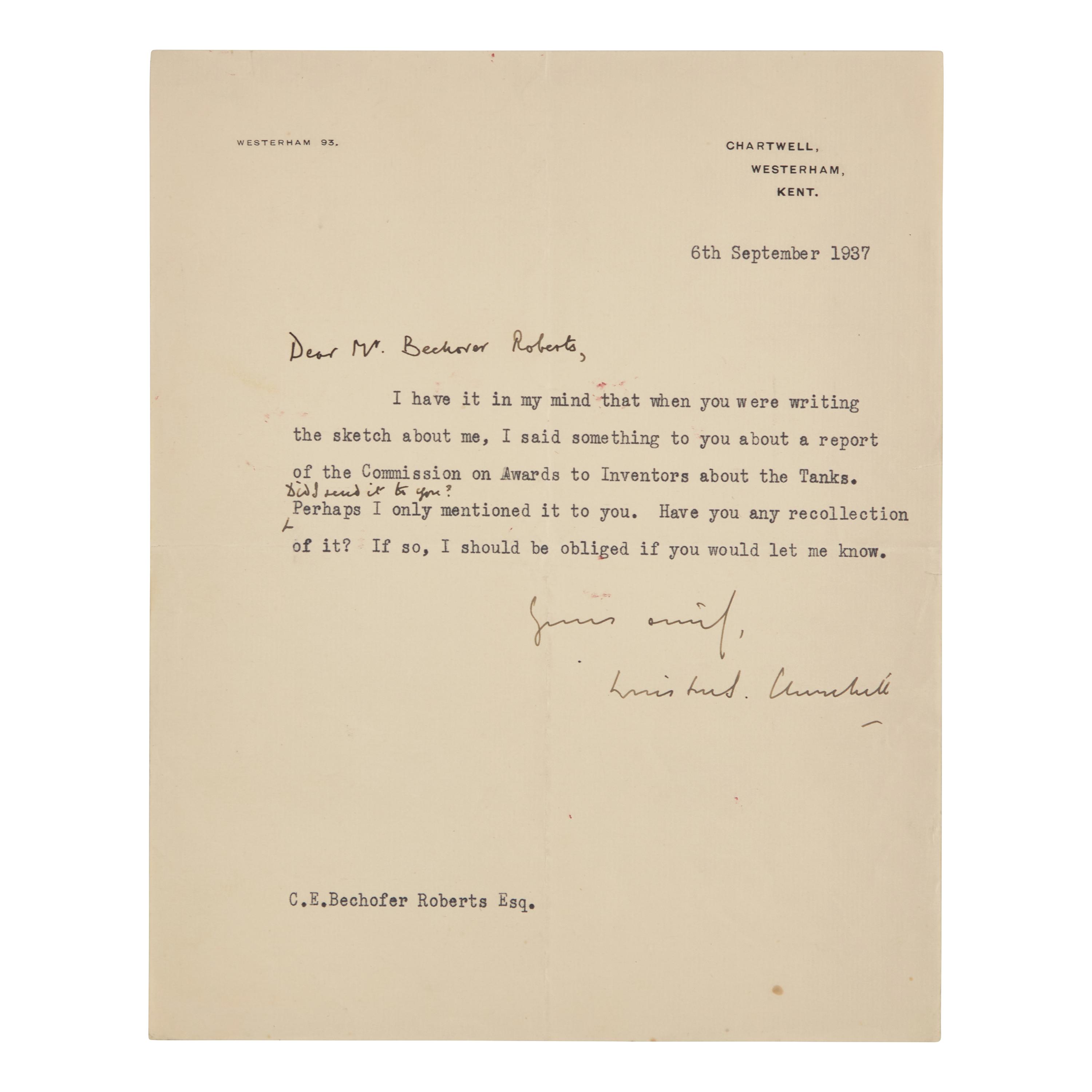[Churchill, Winston S.] Churchill, Winston S. Typed Letter, signed