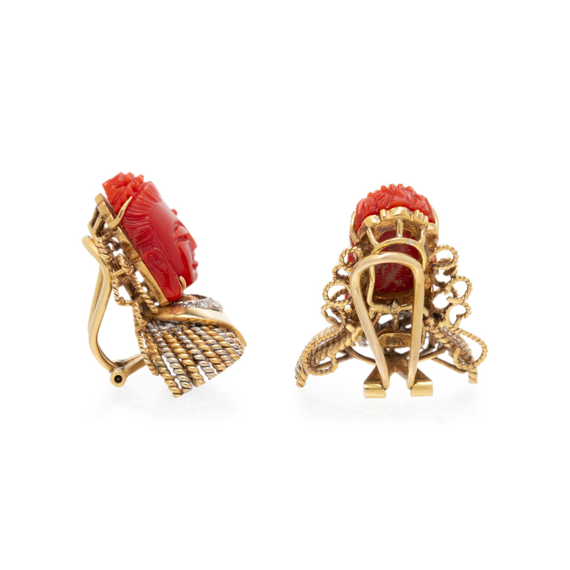 CARVED CORAL AND DIAMOND CLIP EARRINGS