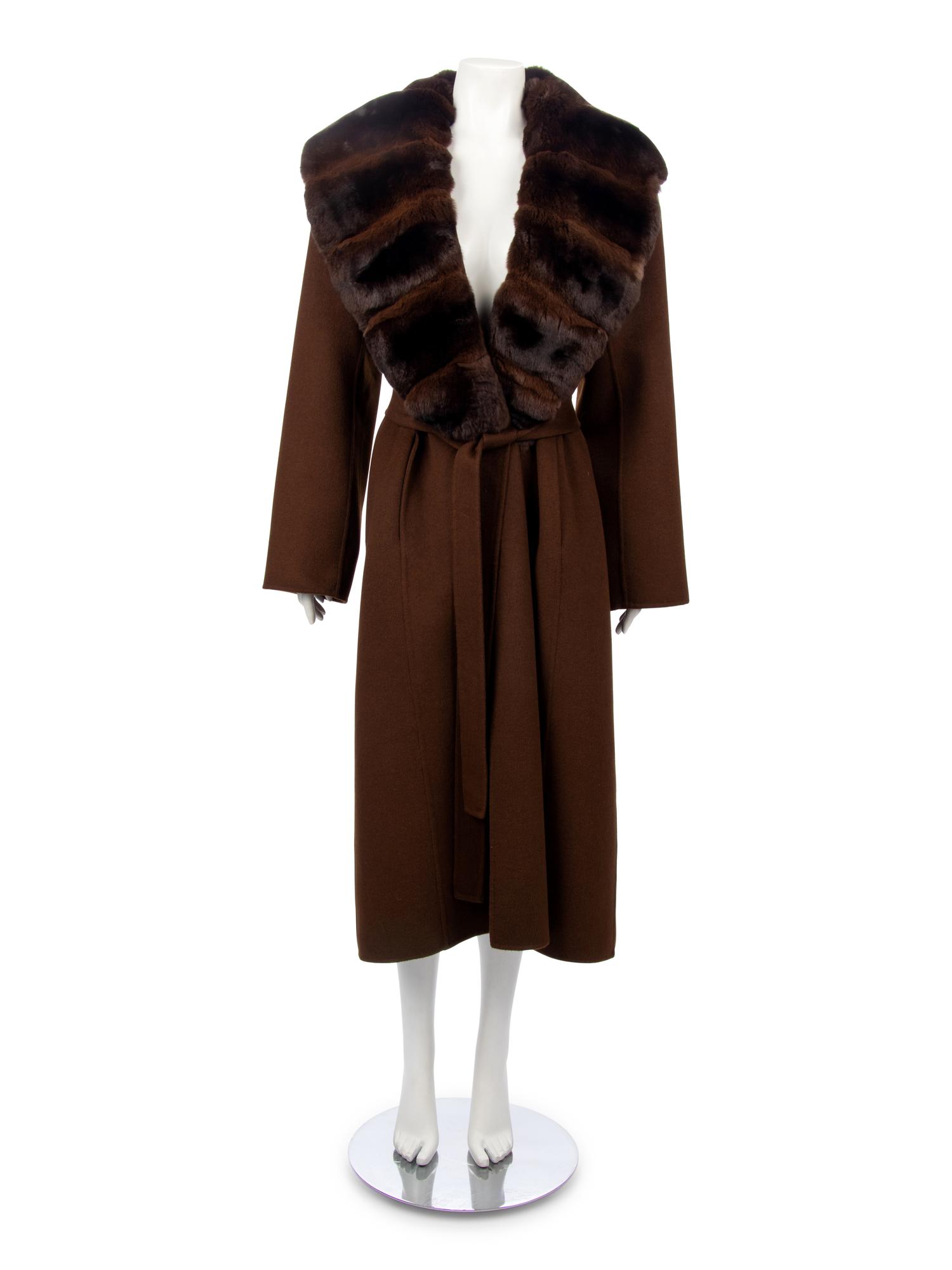 Gianfranco Ferre Chocolate Brown Coat with Chinchilla Colla, 1990-2000s
