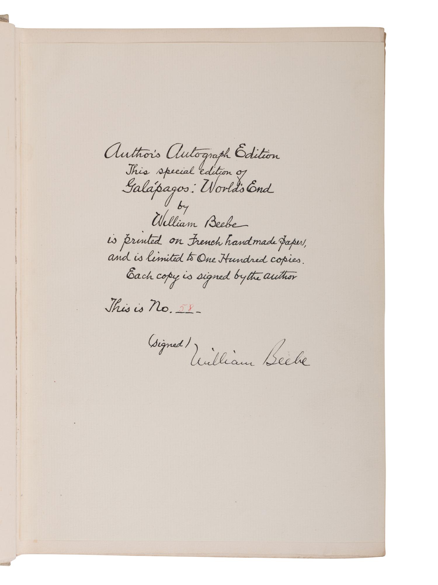 [NATURAL HISTORY]. BEEBE, Charles William (1877-1962). Galapagos . World's End . New York: G.P. Putnam's at the Knickerbocker Press, 1924.