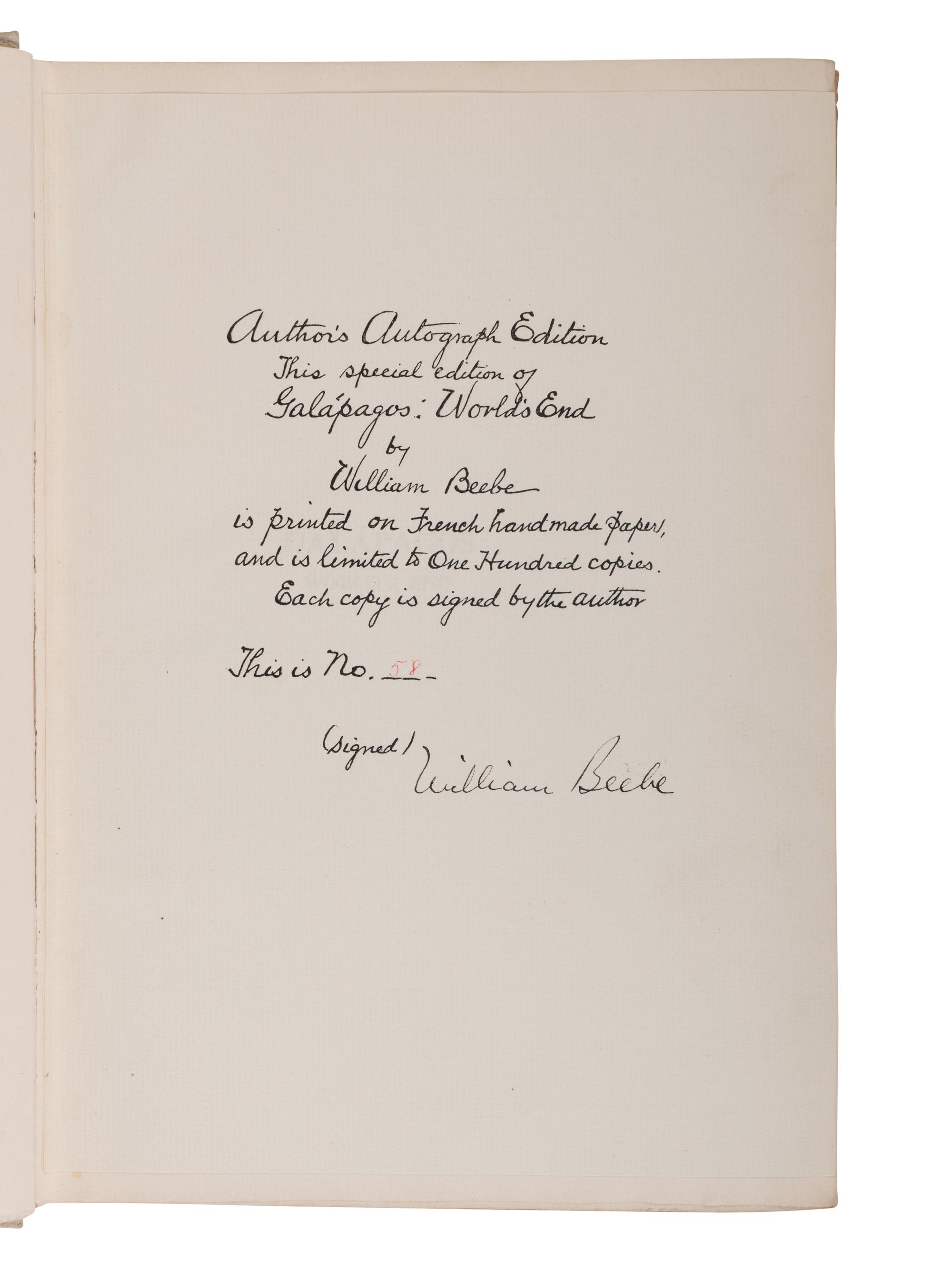 [NATURAL HISTORY]. BEEBE, Charles William (1877-1962). Galapagos . World's End . New York: G.P. Putnam's at the Knickerbocker Press, 1924.