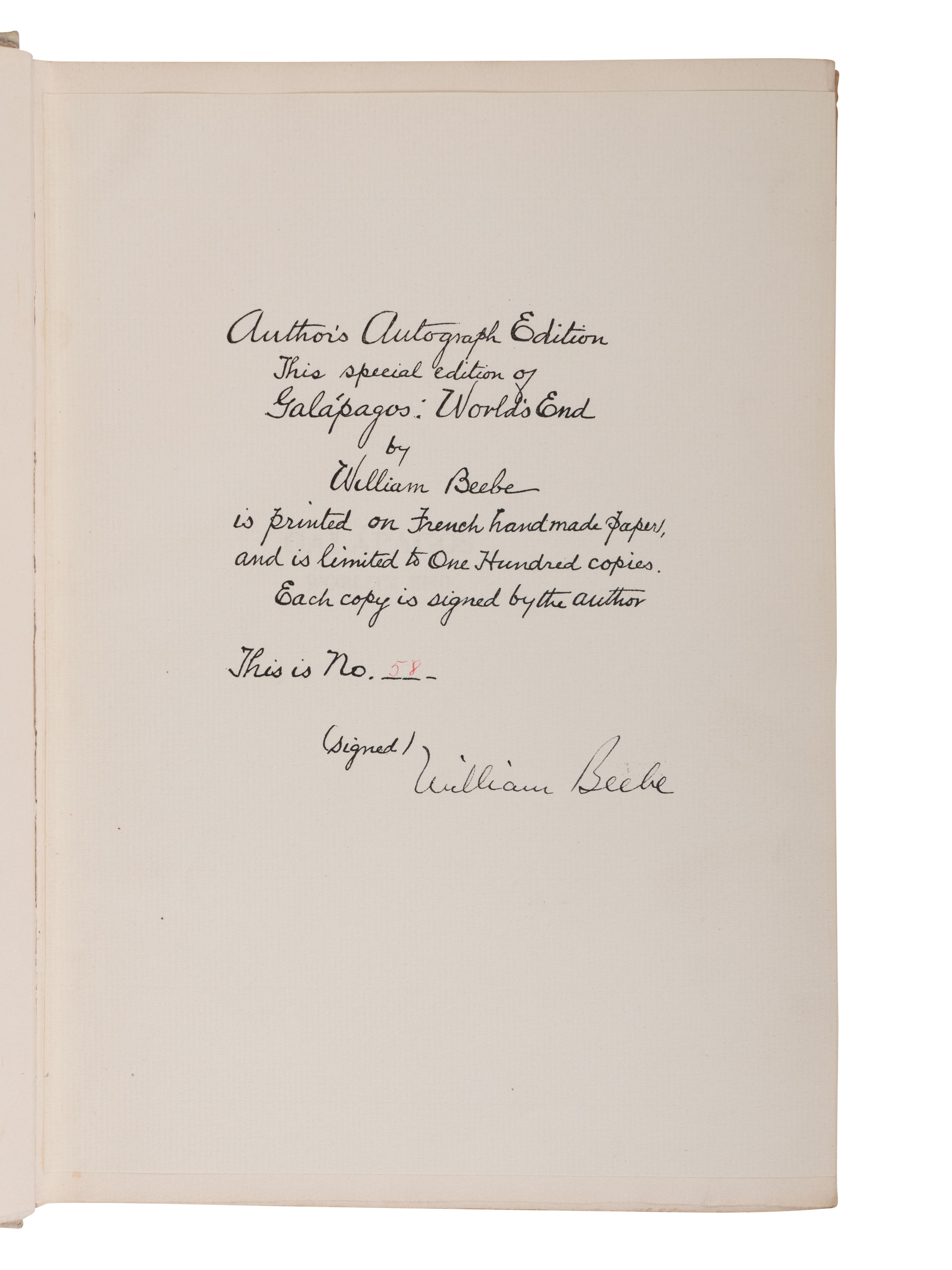 [NATURAL HISTORY]. BEEBE, Charles William (1877-1962). Galapagos . World's End . New York: G.P. Putnam's at the Knickerbocker Press, 1924.