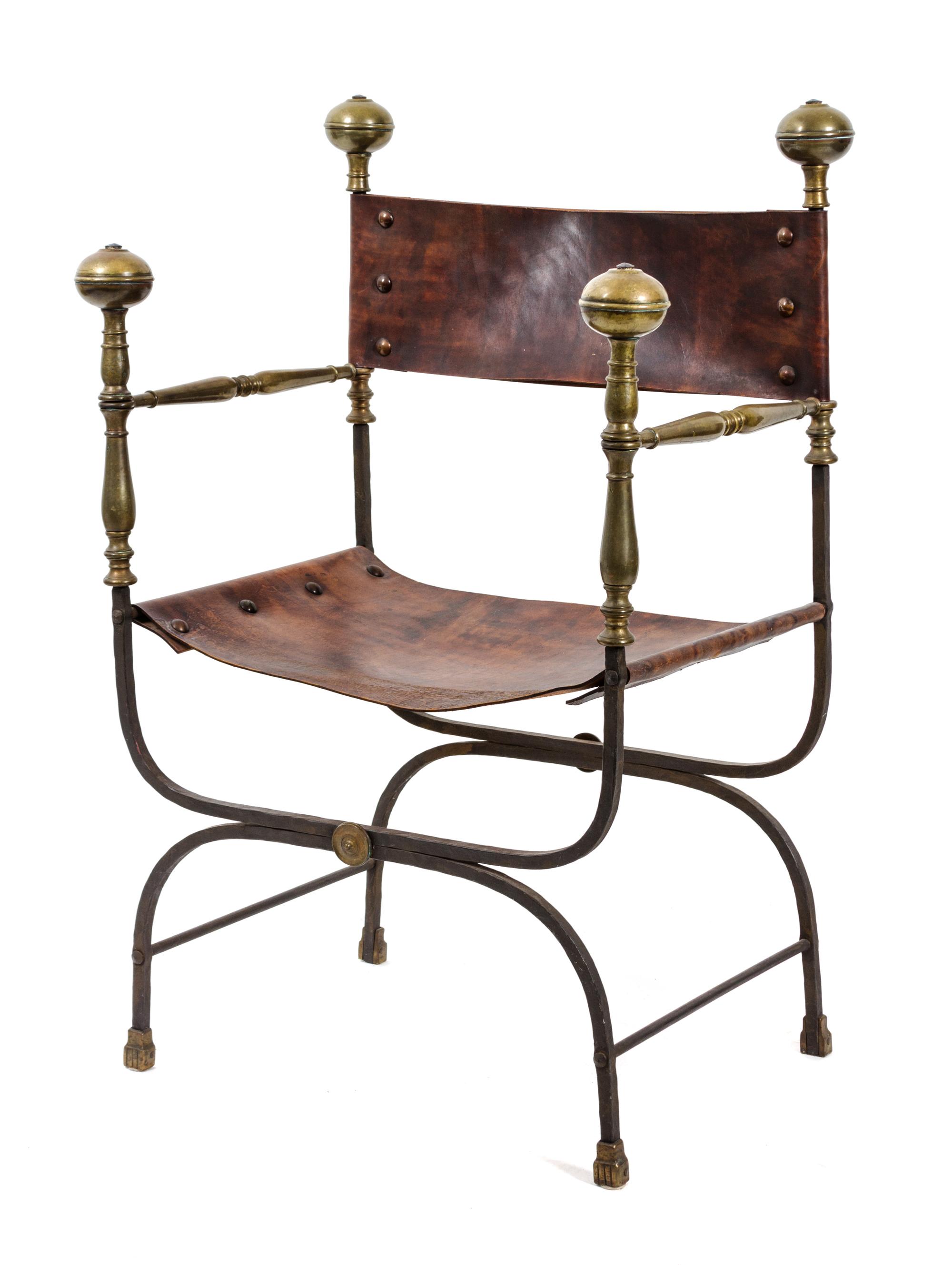 A Venetian Style Brass and Wrought Iron Armchair Height 41 inches. — 19TH CENTURY