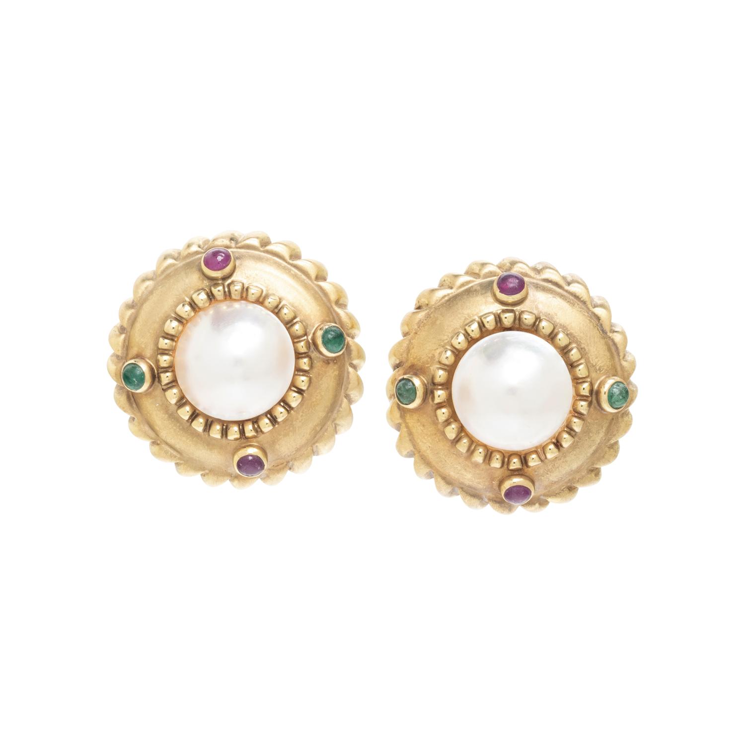 YELLOW GOLD, CULTURED MABE PEARL AND MULTIGEM EARRINGS
