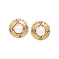 YELLOW GOLD, CULTURED MABE PEARL AND MULTIGEM EARRINGS