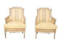 A Pair of Louis XVI Style Painted and Upholstered Bergeres — 20TH CENTURY