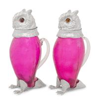 A Pair of Silver-Plate and Pink Glass Owl Decanters