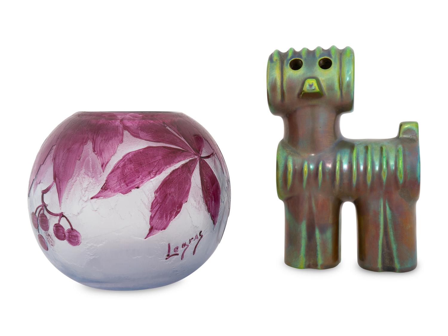 A Judit Nador (Hungarian, 1934-2016) for Zsolnay Dog Figure and a Legras Cameo Glass Vase