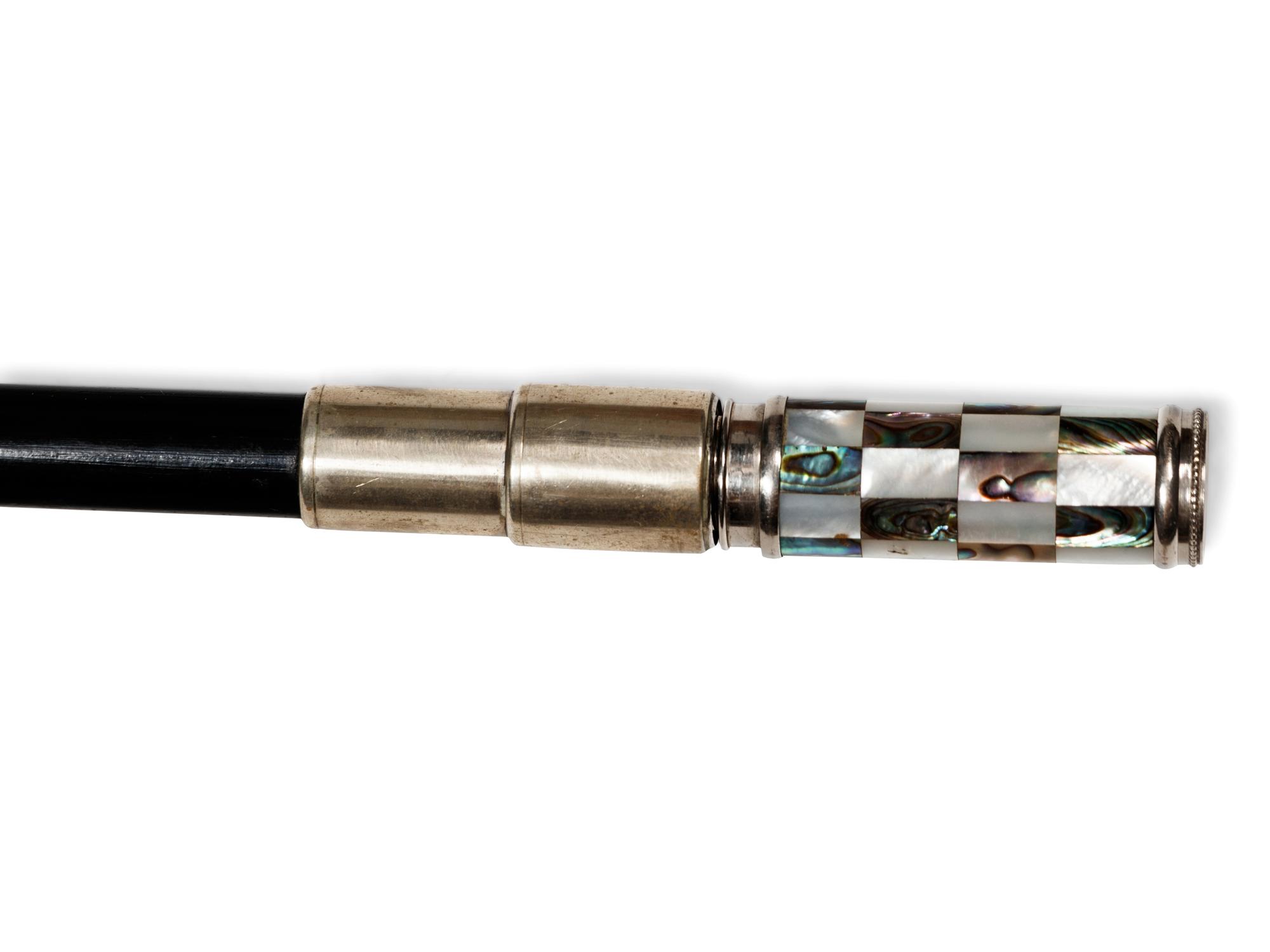 A French Silvered Metal and Mother-of-Pearl Mounted Ebony Atomizer 'System' Walking Stick