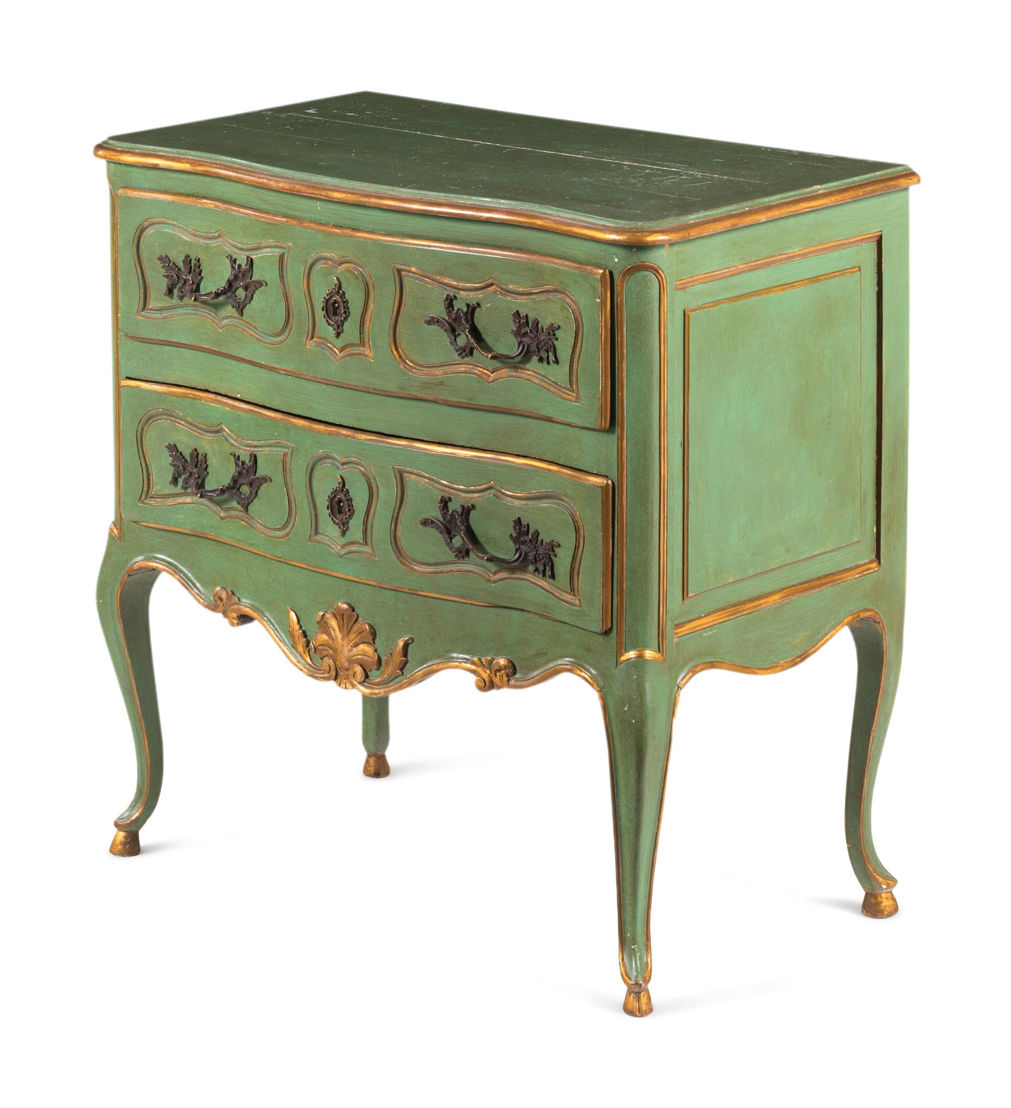 A Louis XV Provincial Style Green-Painted and Parcel-Gilt Commode