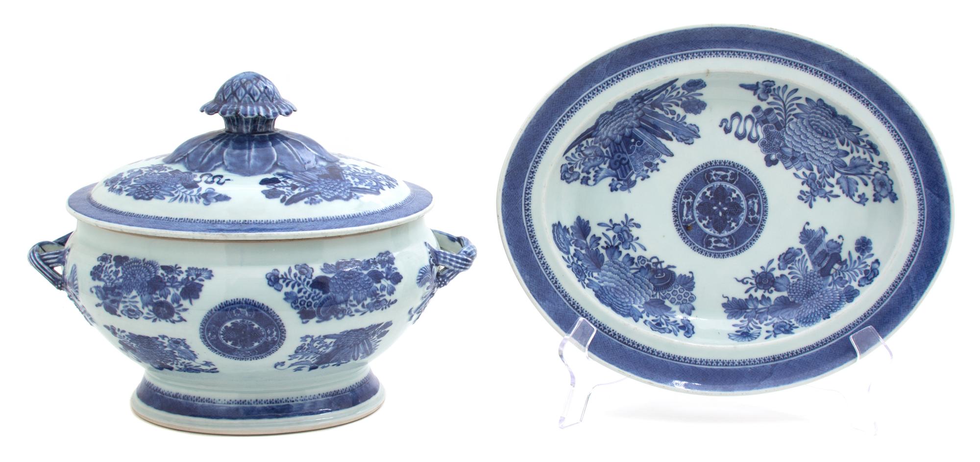 A Chinese Export Blue and White Fitzhugh Tureen and Undertray
