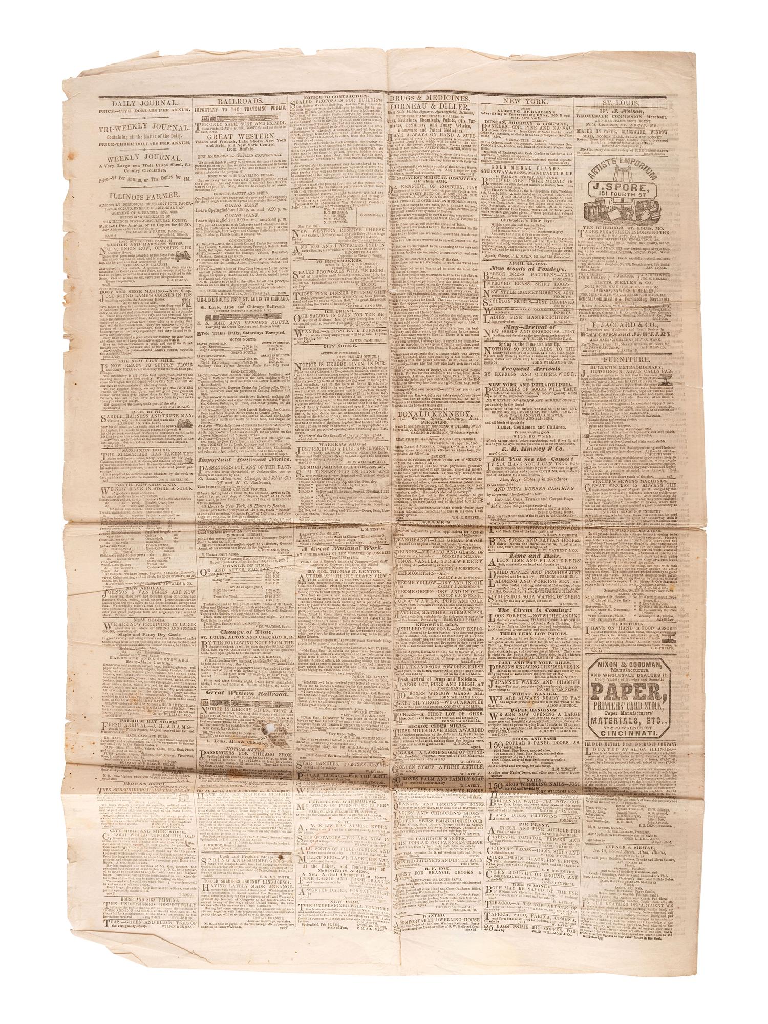 [LINCOLN, Abraham (1809-1865)]. A group of 2 Illinois newspapers with references to Lincoln, comprising: