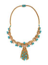 YELLOW GOLD, TURQUOISE AND DIAMOND CONVERTIBLE NECKLACE/BROOCH