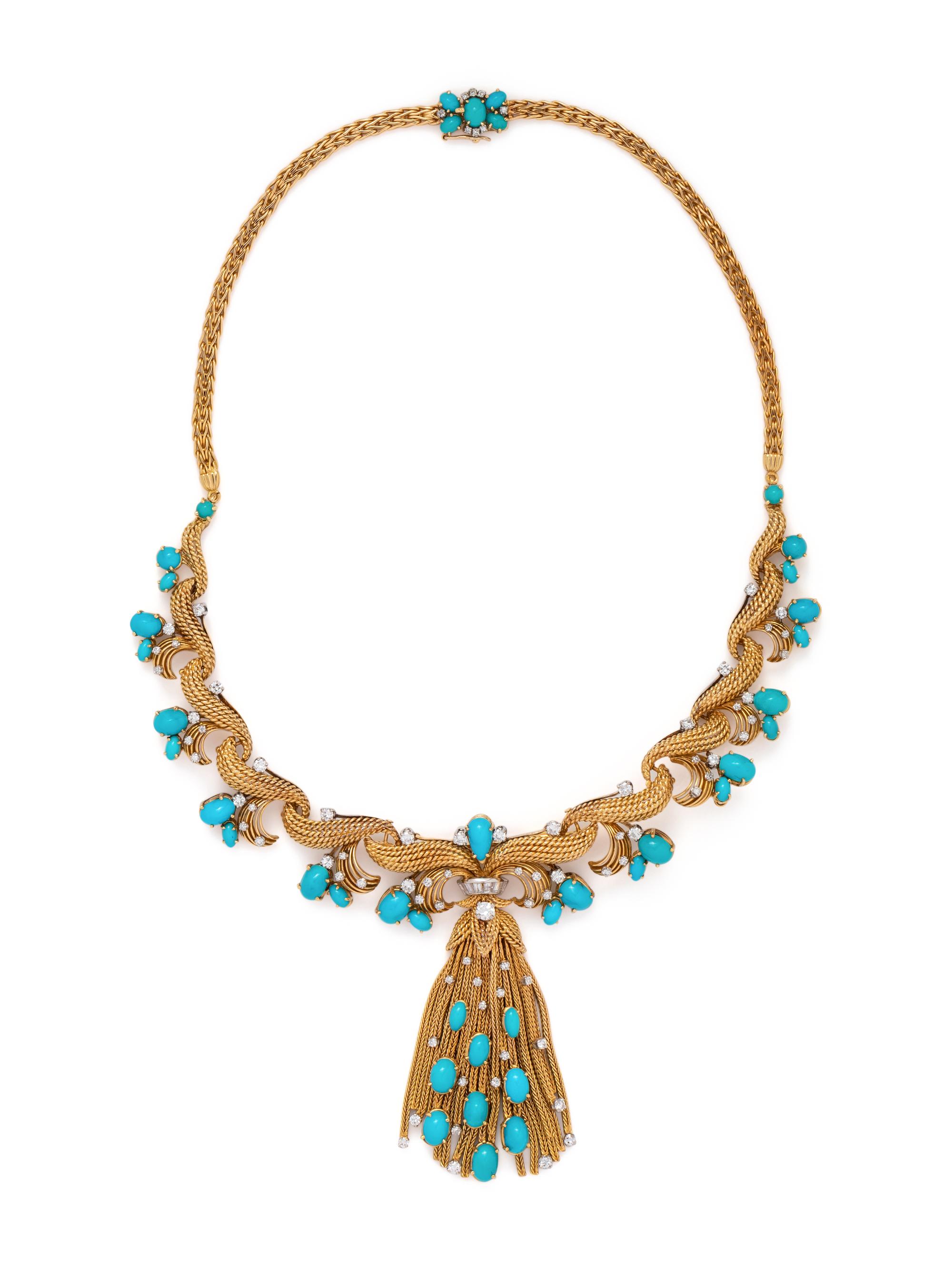 YELLOW GOLD, TURQUOISE AND DIAMOND CONVERTIBLE NECKLACE/BROOCH