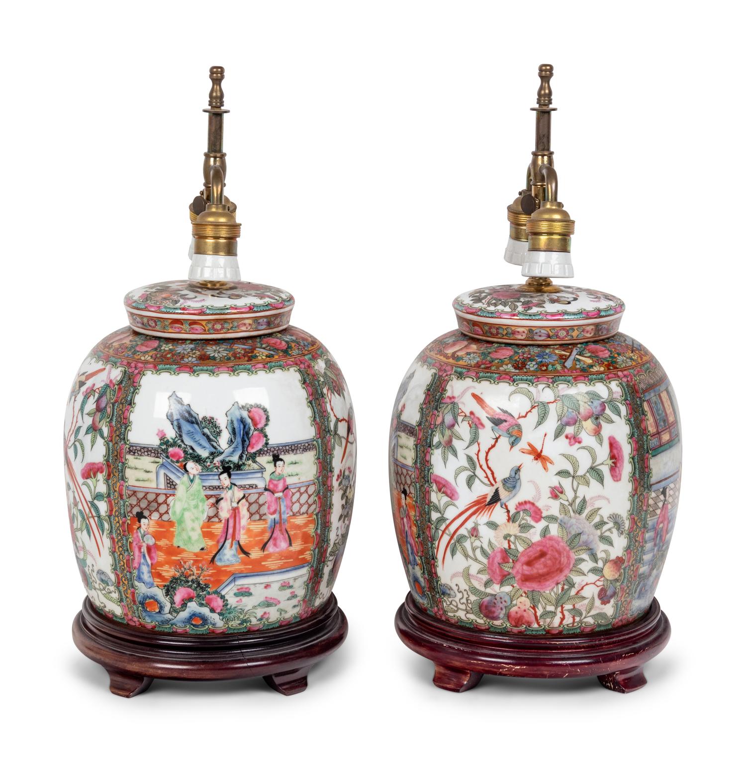 A Pair of Rose Medallion Porcelain Jars Mounted as Lamps