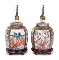A Pair of Rose Medallion Porcelain Jars Mounted as Lamps