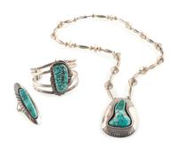 Navajo Silver and Turquoise Necklace, Cuff Bracelet, AND Ring