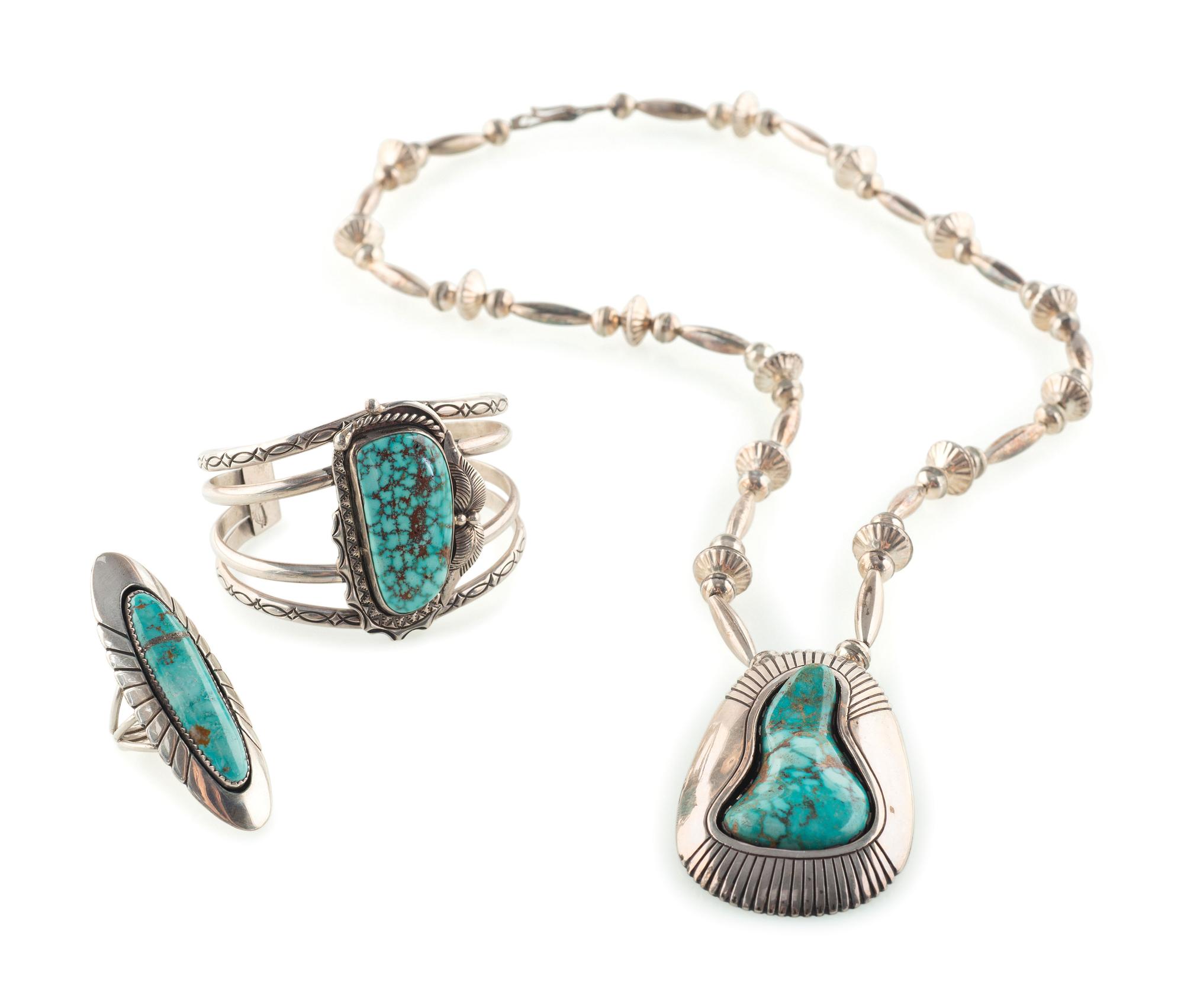 Navajo Silver and Turquoise Necklace, Cuff Bracelet, AND Ring