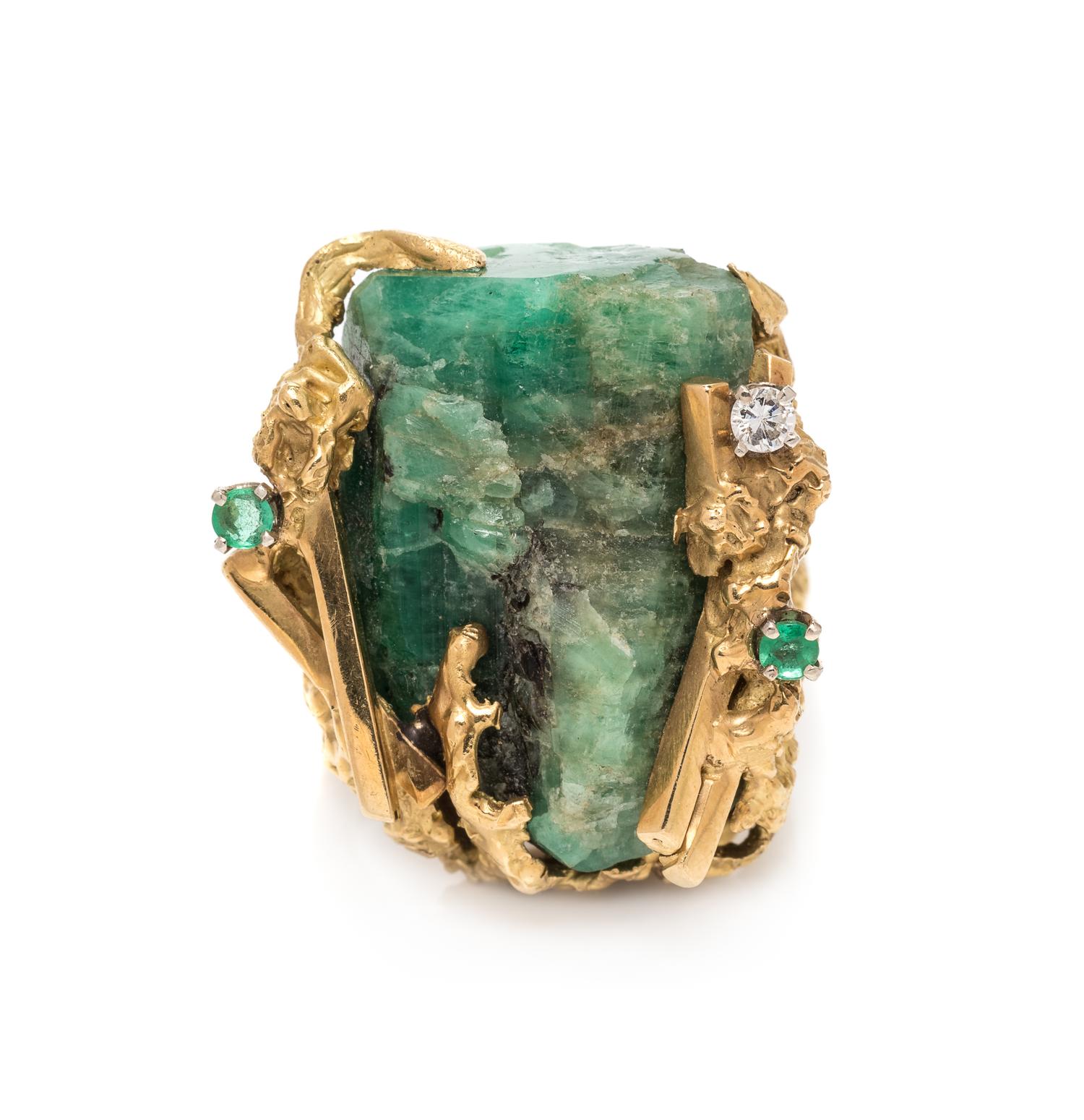 A Brutalist 18 Karat Yellow Gold, Emerald Crystal and Diamond Ring,