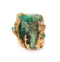 A Brutalist 18 Karat Yellow Gold, Emerald Crystal and Diamond Ring,