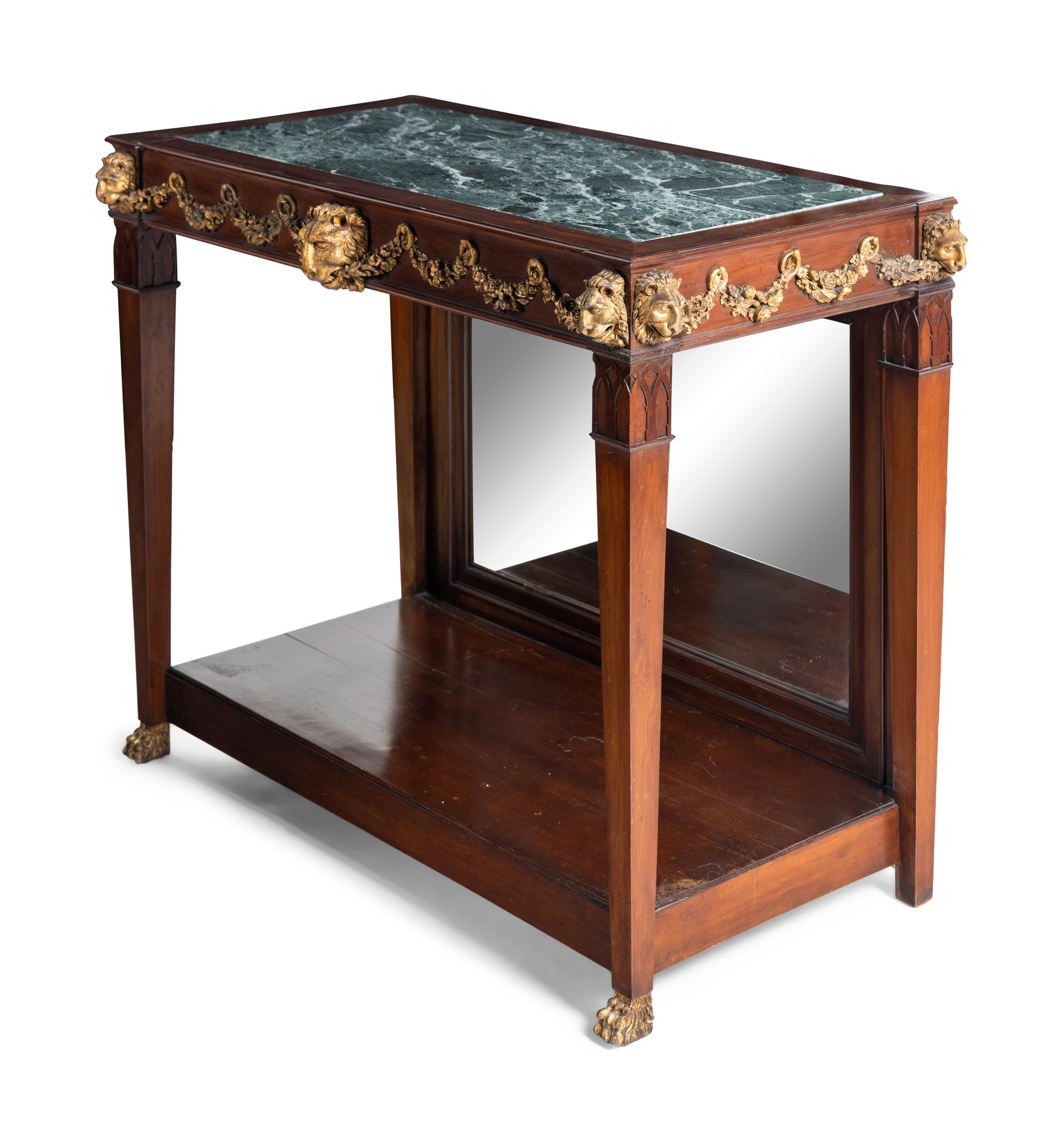 A Pair of Portuguese Gilt Bronze Mounted and Marble-Inset Mahogany Pier Tables