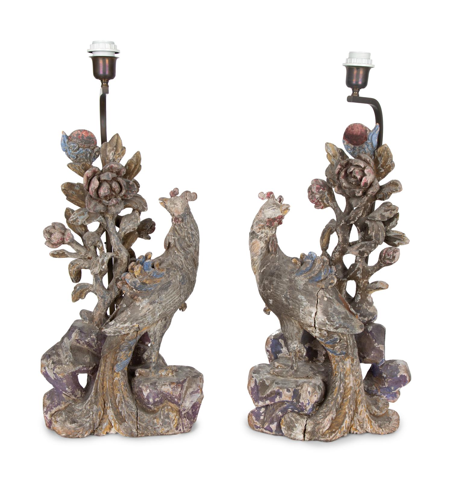 A Pair of Chinese Carved and Painted Wood Figures of Phoenixes — 19TH CENTURY