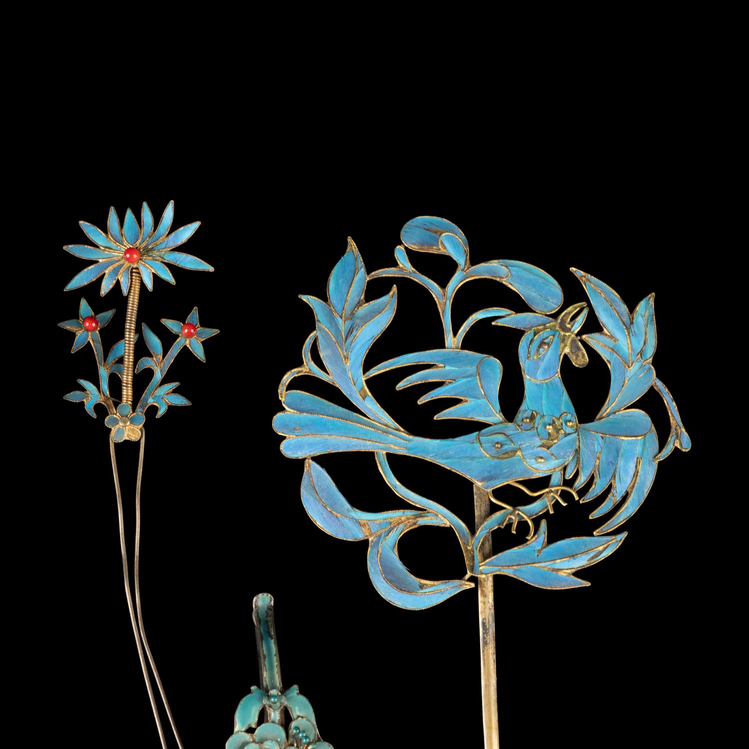 11 Chinese Kingfisher Feather Hair Ornaments, 19th Century — 清晚期 銅胎點翠髮飾十一件