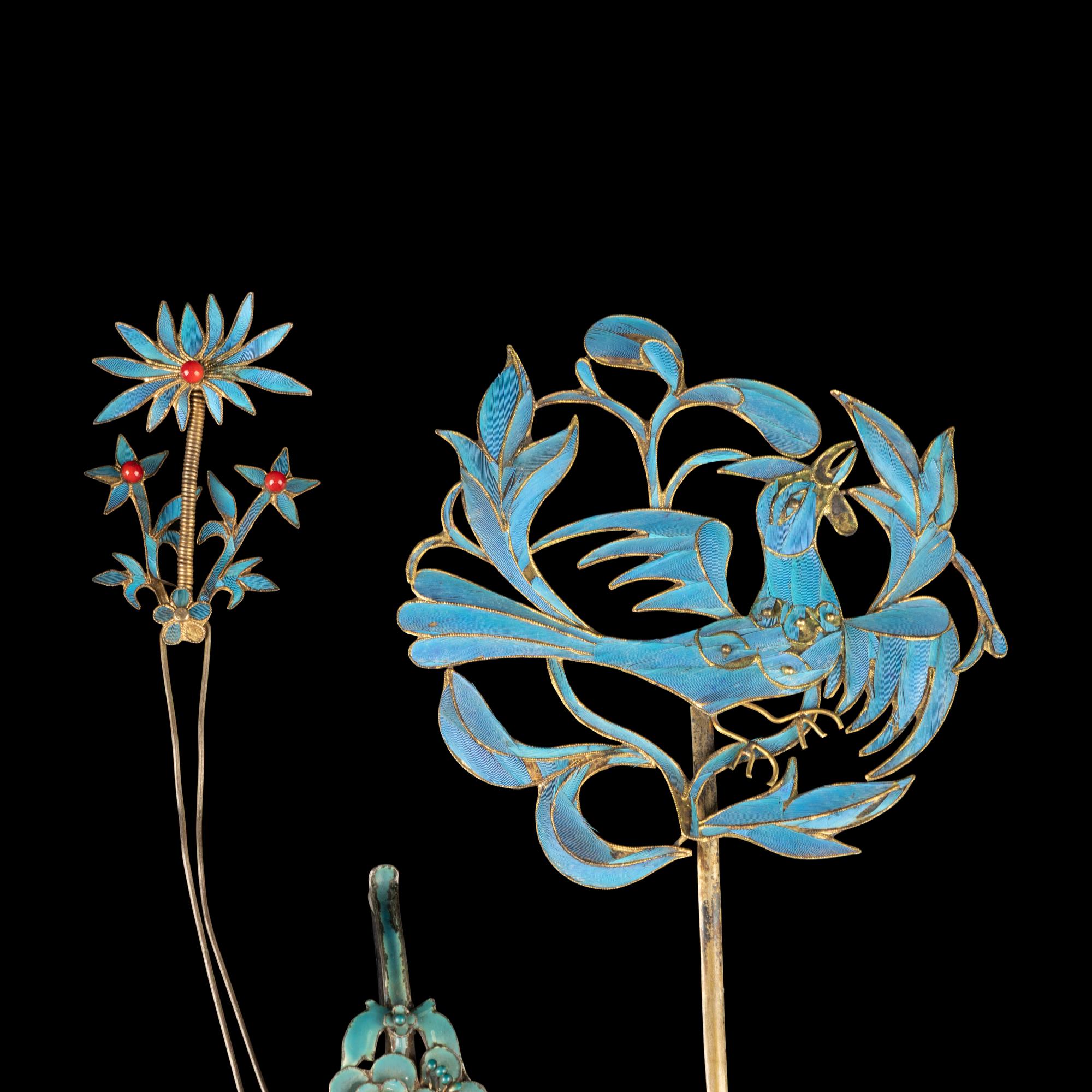 11 Chinese Kingfisher Feather Hair Ornaments, 19th Century — 清晚期 銅胎點翠髮飾十一件