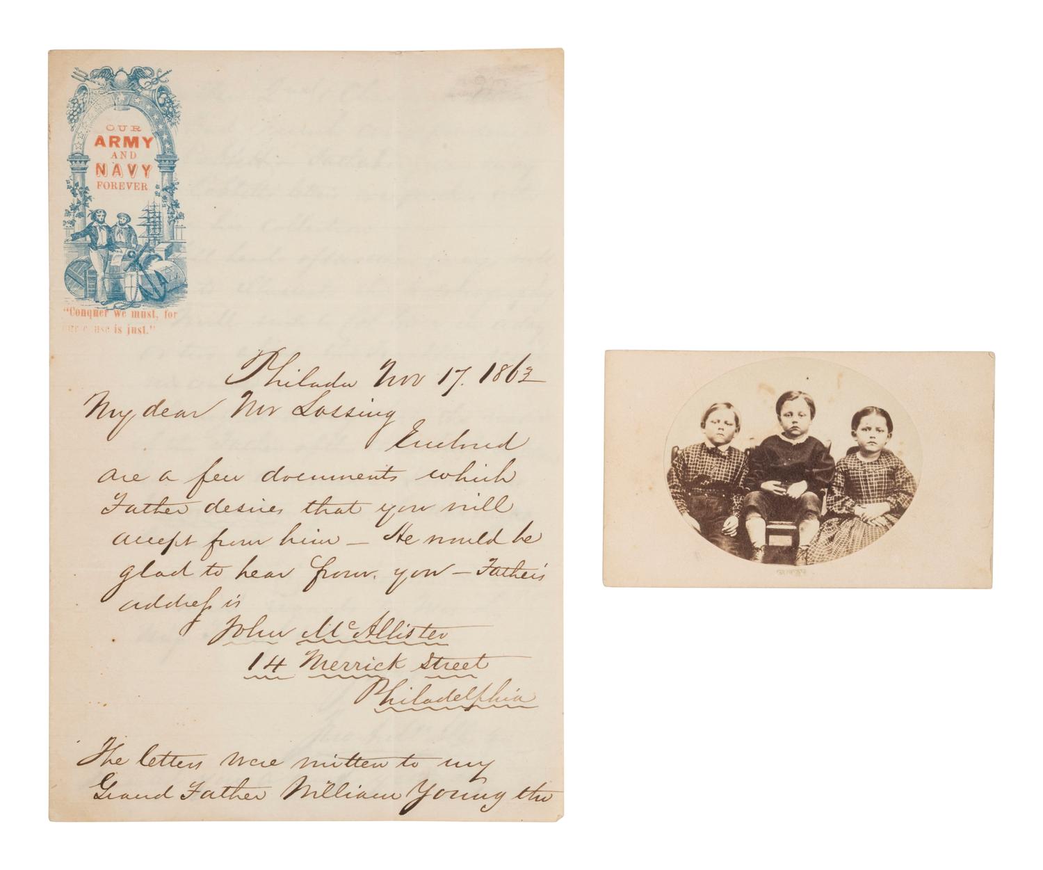 [CIVIL WAR]. "Children of the Battlefield" CDV & war-date letter revealing identify of the father.