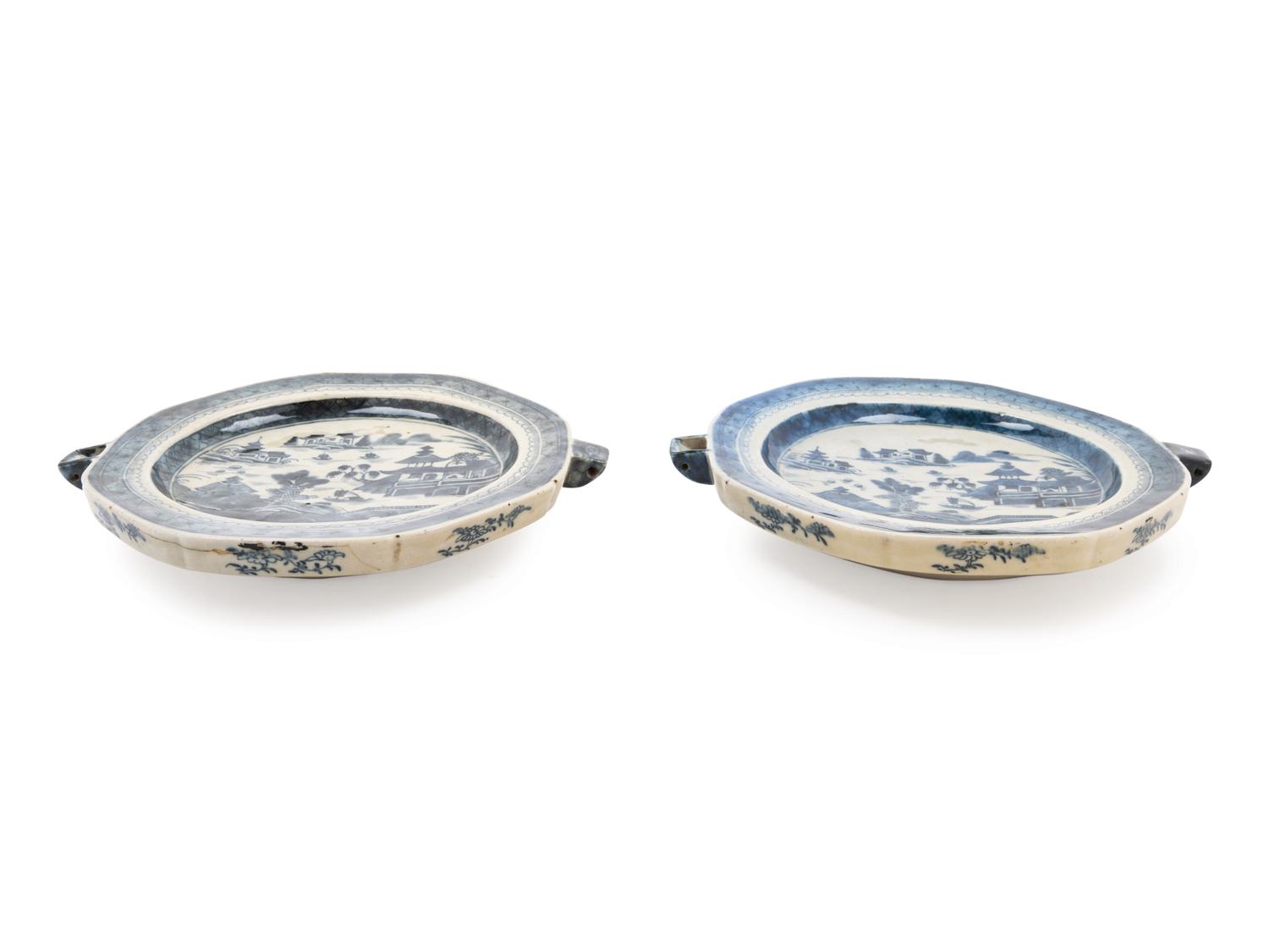 A Pair of Chinese Export Canton Blue and White Porcelain Warming Dishes