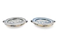 A Pair of Chinese Export Canton Blue and White Porcelain Warming Dishes