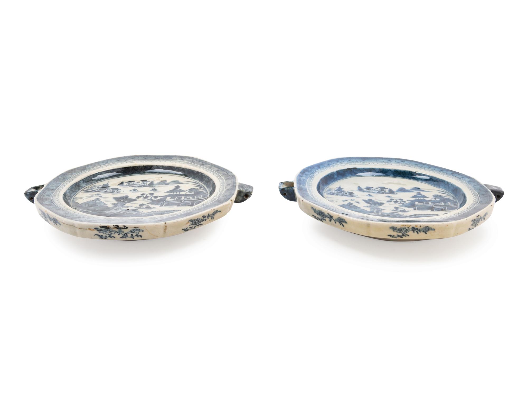 A Pair of Chinese Export Canton Blue and White Porcelain Warming Dishes