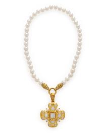 Elizabeth Locke, Cultured Pearl, Moonstone, and Yellow Gold Maltese Cross Pendant Necklace