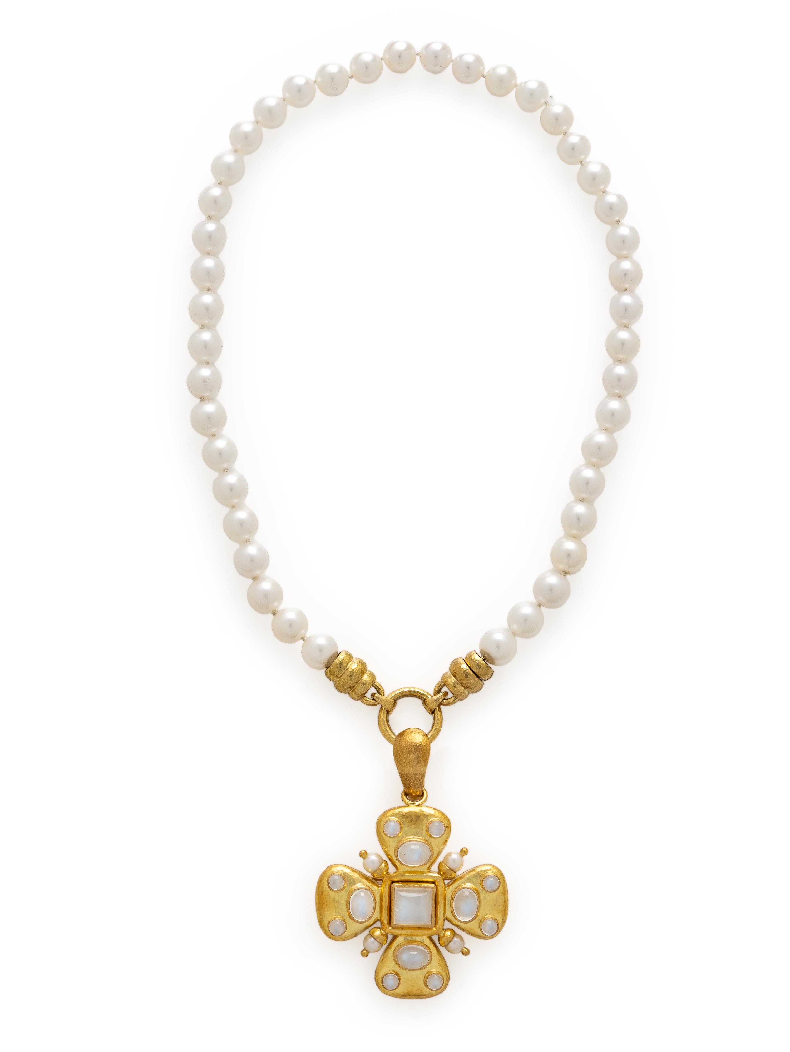 Elizabeth Locke, Cultured Pearl, Moonstone, and Yellow Gold Maltese Cross Pendant Necklace