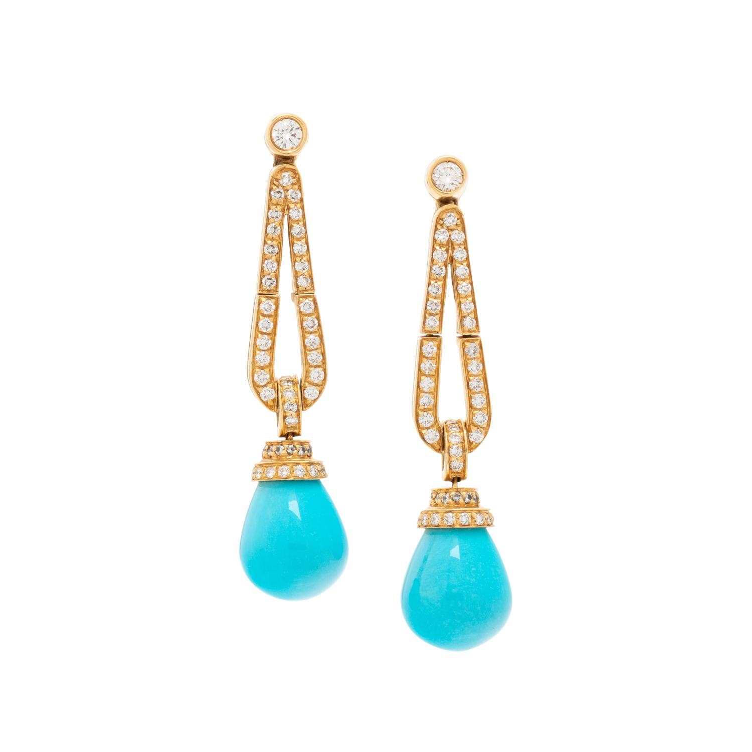 ASPERY & GULDAG, YELLOW GOLD, SYNTHETIC TURQUOISE AND DIAMOND EARRINGS