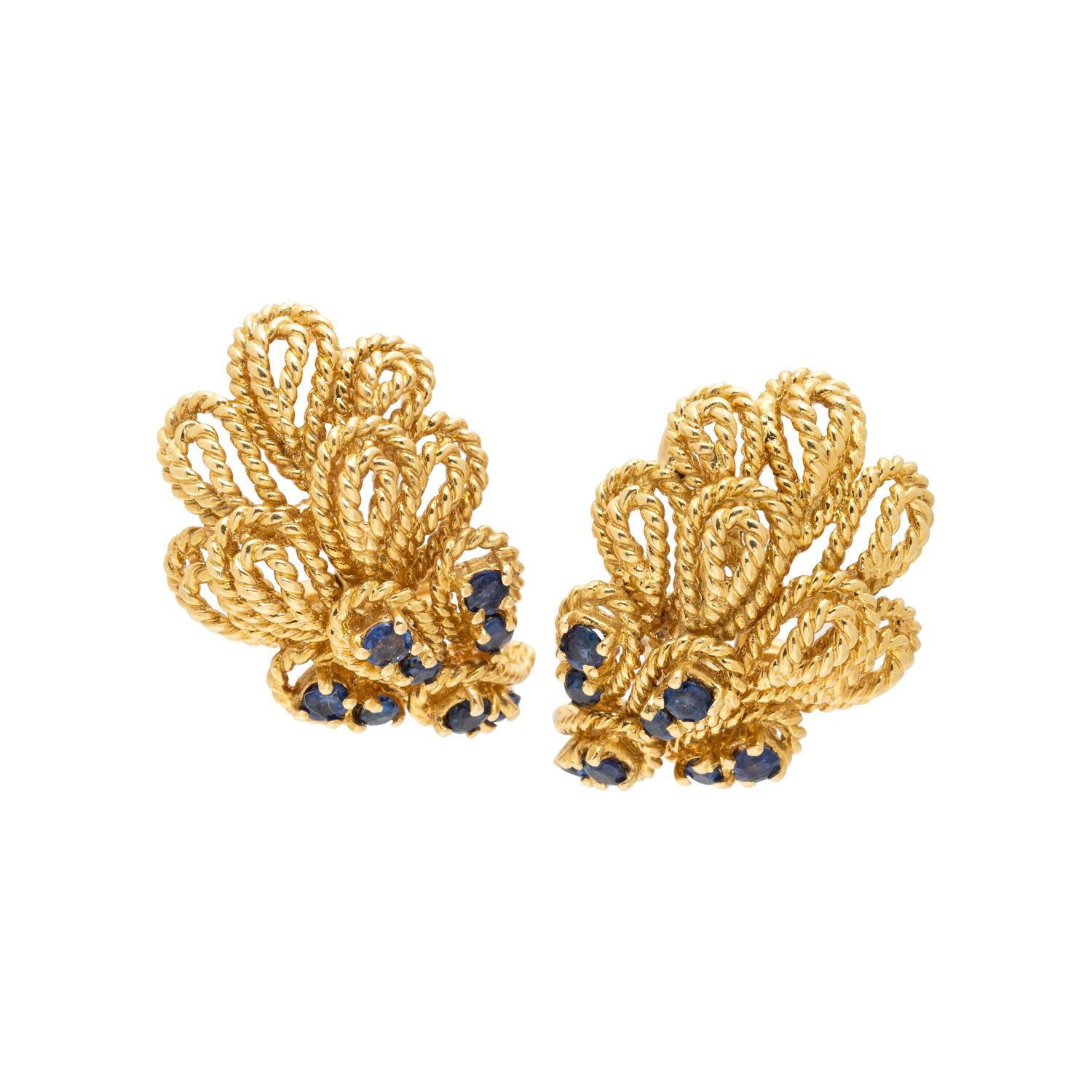 TIFFANY & CO., YELLOW GOLD AND SAPPHIRE EARCLIPS