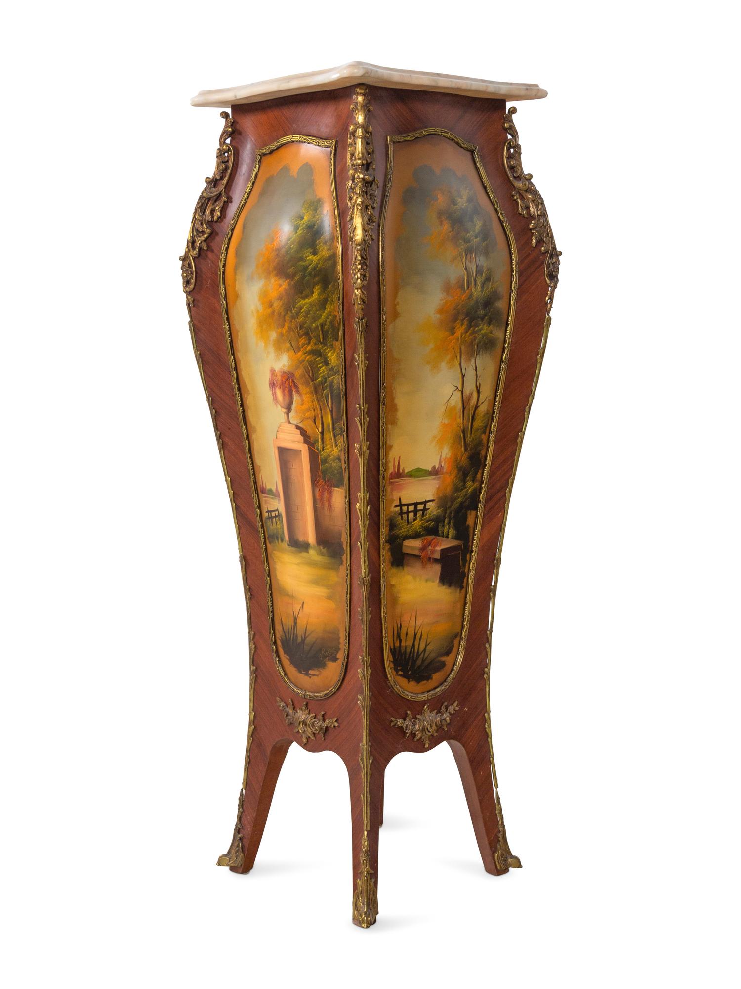 A Pair of Louis XV Style Gilt Metal Mounted Vernis Martin Marble-Top Pedestals