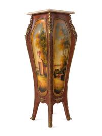 A Pair of Louis XV Style Gilt Metal Mounted Vernis Martin Marble-Top Pedestals