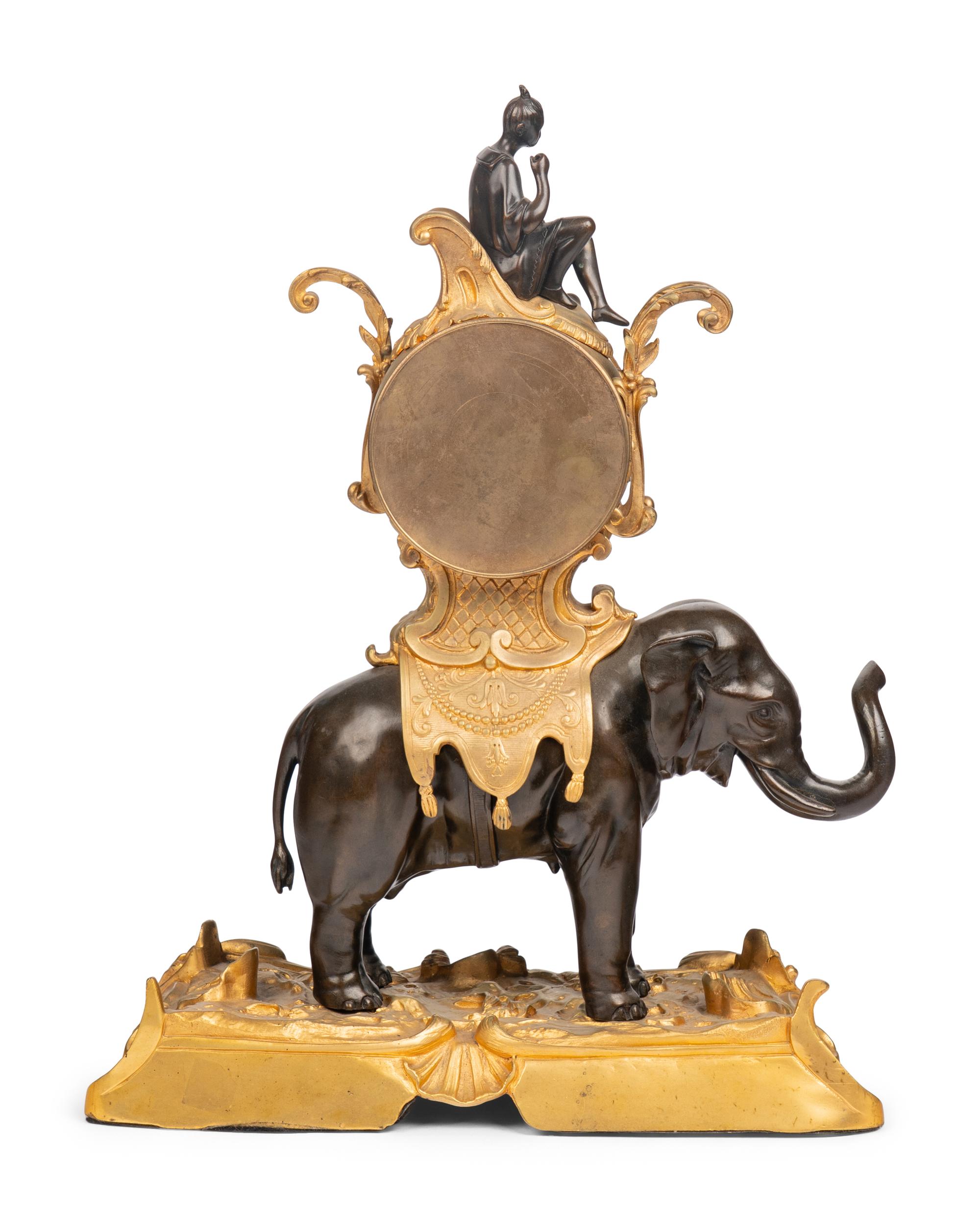 A French Gilt and Patinated Bronze Elephant and Rider Mantel Clock
