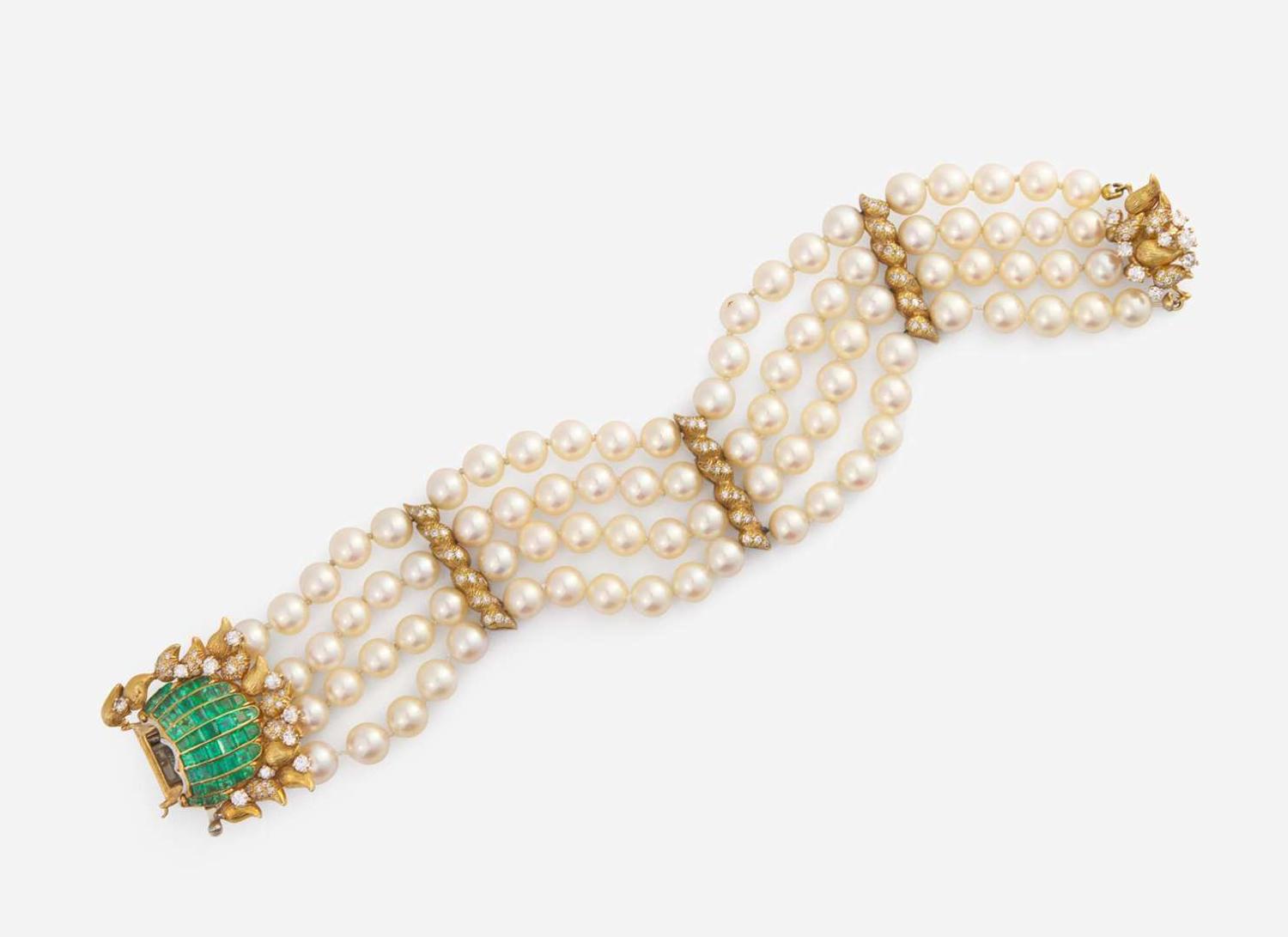An 18K Yellow Gold, Pearl, and Gemstone Bracelet by Julius Cohen