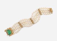 An 18K Yellow Gold, Pearl, and Gemstone Bracelet by Julius Cohen