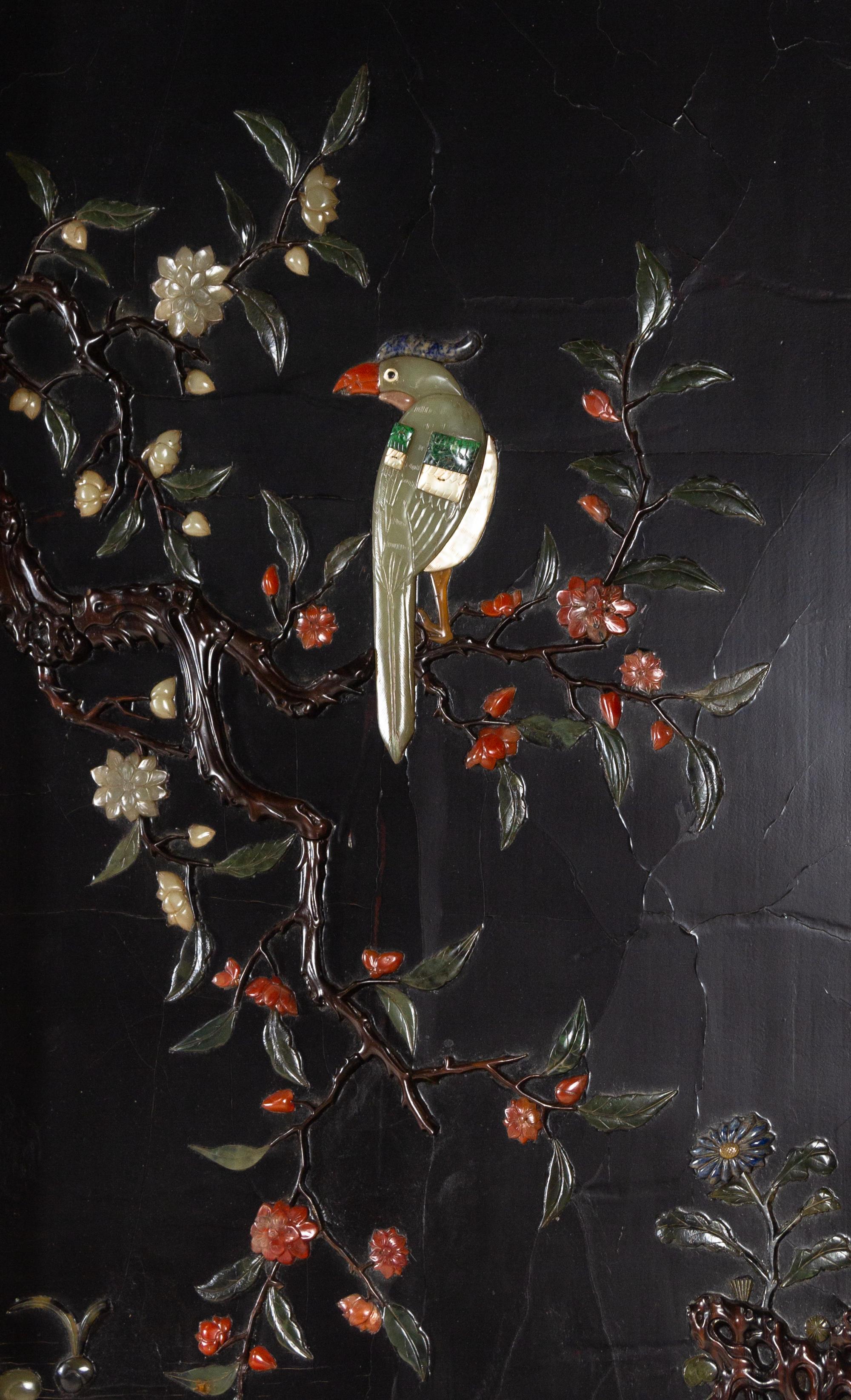 An Embellished and Gilt Decorated Black Lacquered Six-Panel Floor Screen