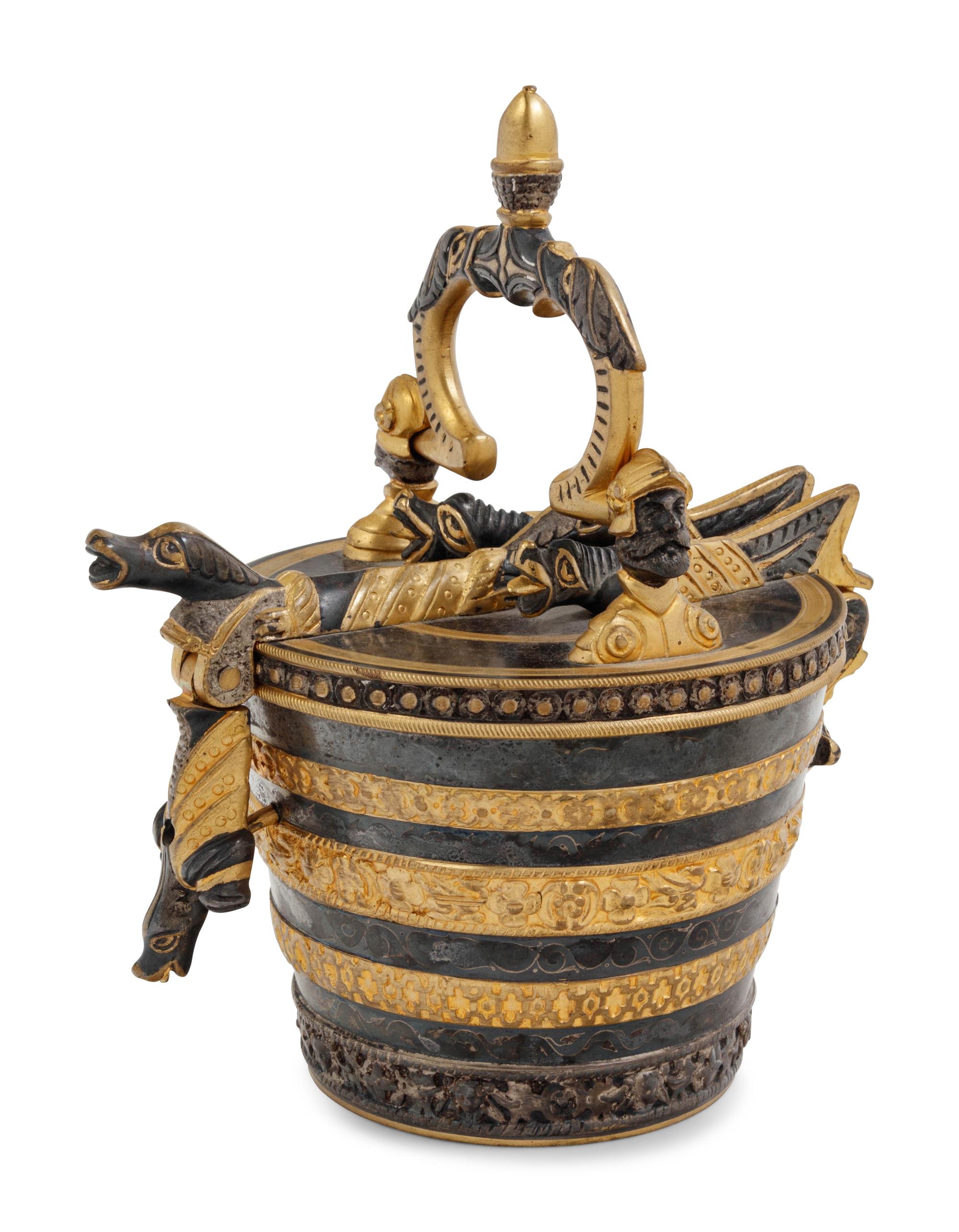 A Continental Gilt and Patinated Bronze Pail-Form Box
